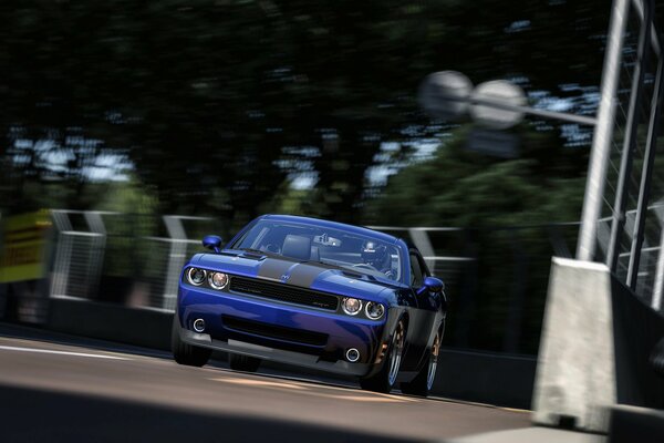 The blue car is participating in the race. Dodge is flying at breakneck speed