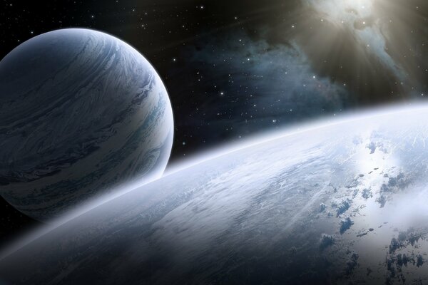 D énormes planètes et un satellite dans l espace