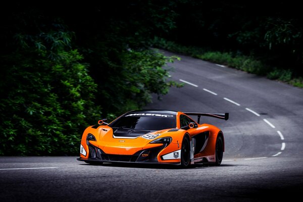 La voiture de sport orange se déplace dans la forêt jusqu à