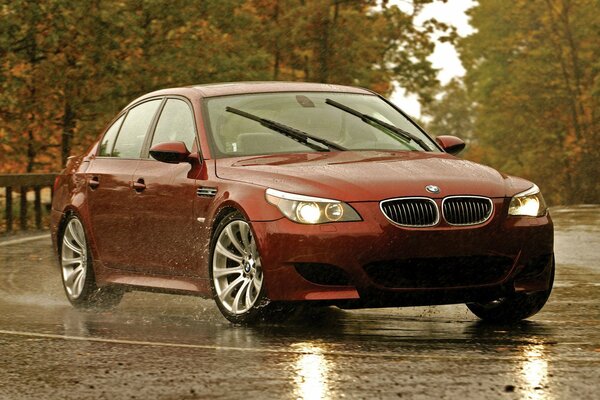 Red BMW on a wet autumn road