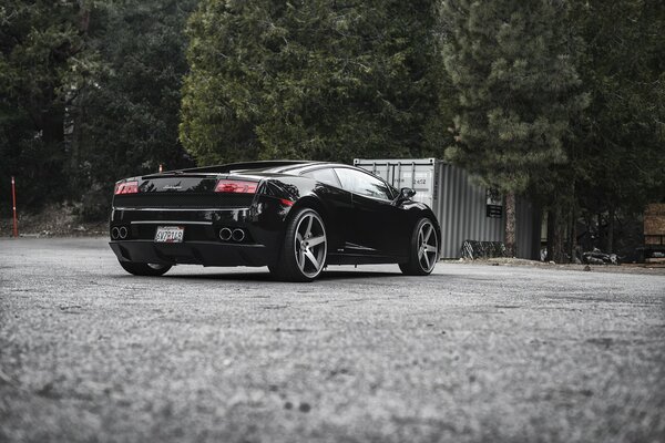 Voiture noire de marque Lamborghini vue arrière latérale sur fond d asphalte et d arbres