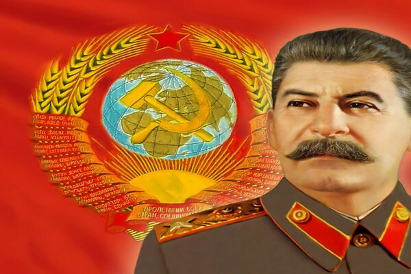 Stalin on the background of the USSR flag