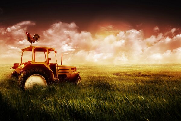 Tractor en el fondo de una puesta de sol escénica