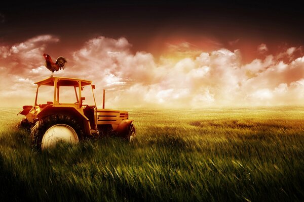 Трактор на фоне живописного заката