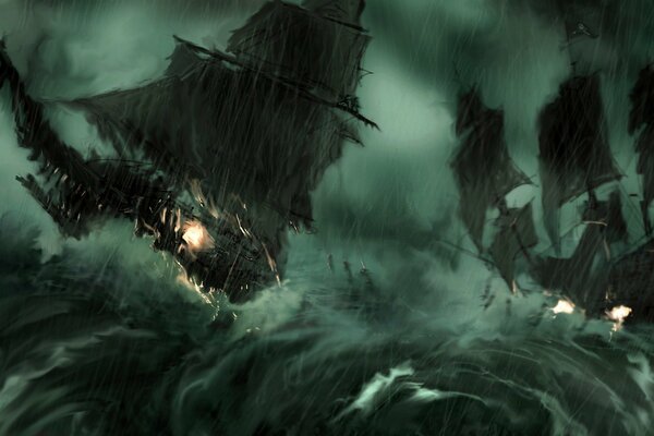 Старинные корабли попали в шторм