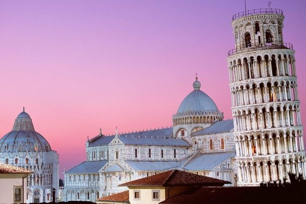 The Tower of Babel against the pink-purple sky