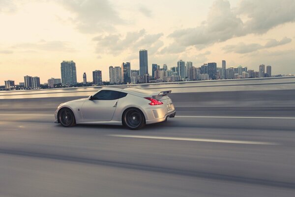 High-speed sports Nissan on the highway