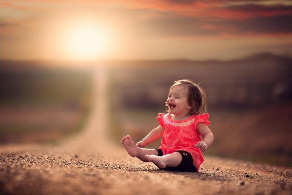 Children s laughter. The road going into the distance