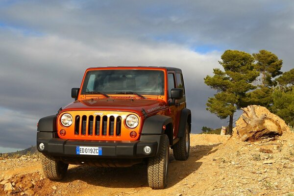 Ein orangefarbener Jeep, der vor dem Hintergrund einer Kiefer und eines riesigen Steins auf einer Absplitterung steht