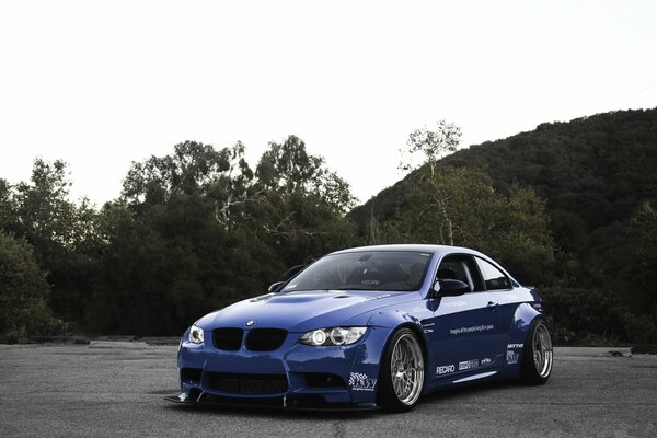 Front view of a blue BMW on a background of trees