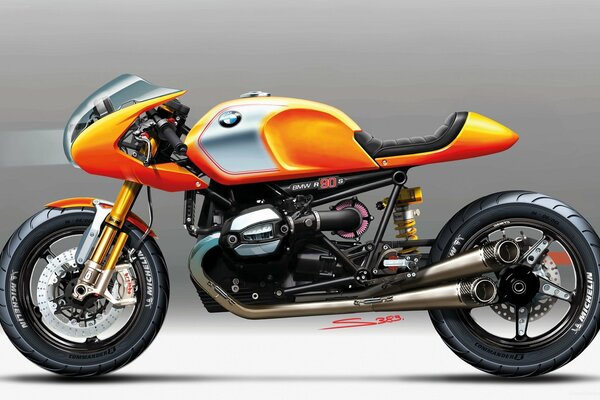 Оранжевый мотоцикл на сером фоне