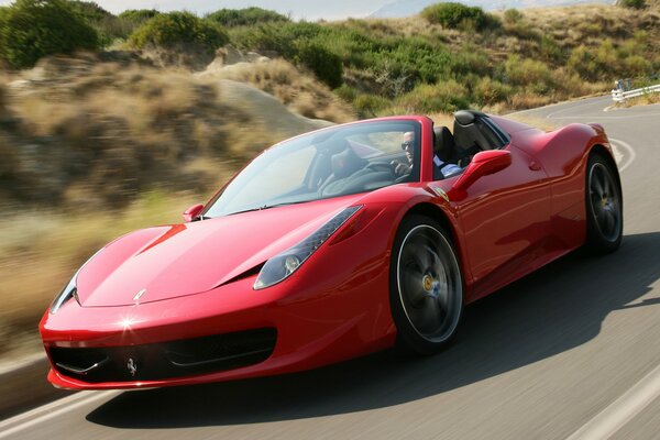 Red Sports Ferrari 458 on the road