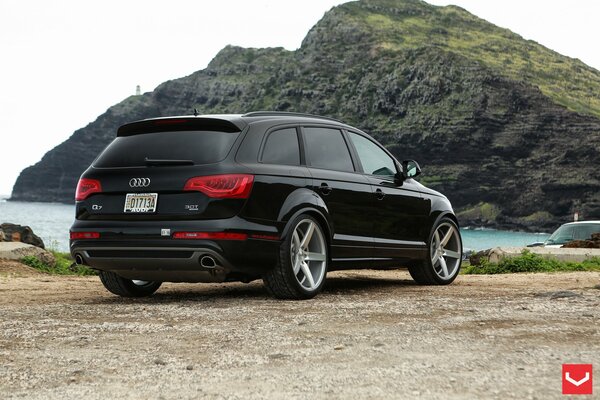 Vor dem Hintergrund der wilden Landschaft - schwarzer SUV audi