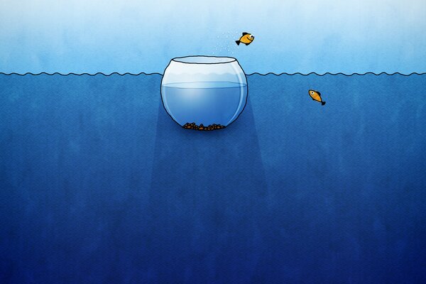 The fish jumps out of the aquarium into the sea