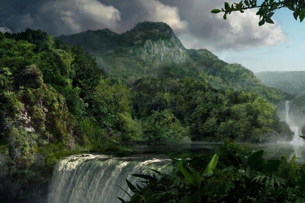 Paisaje de montañas verdes y cascadas