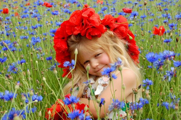 A baby with a wreath of poppies on a flower field