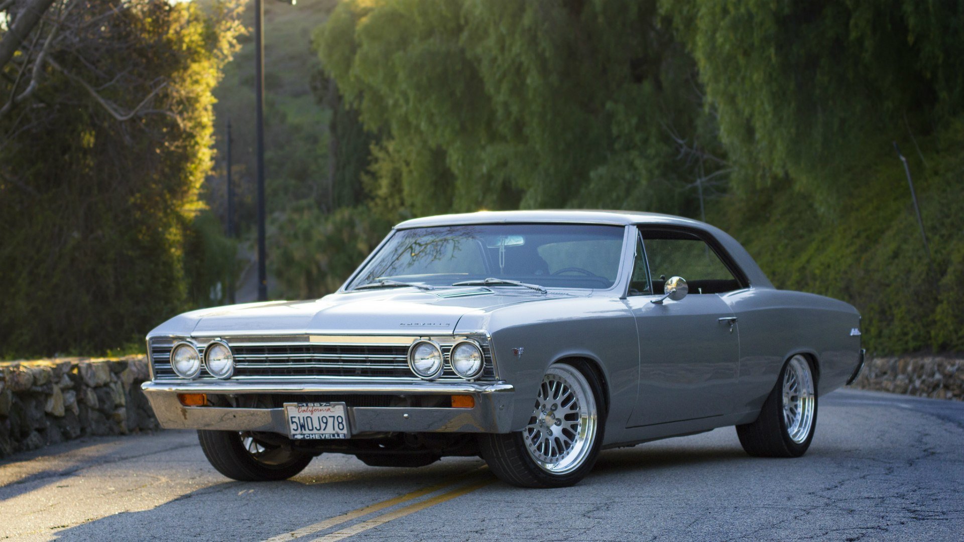 chevrolet chevelle malibú 1967 gris coupé chevrolet chevelle vista lateral carretera bosque