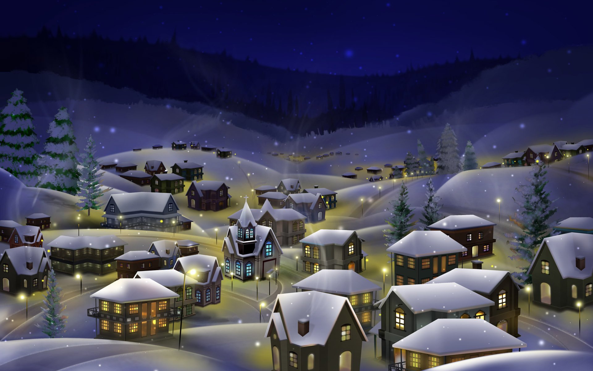 notte alberi di natale inverno luci case