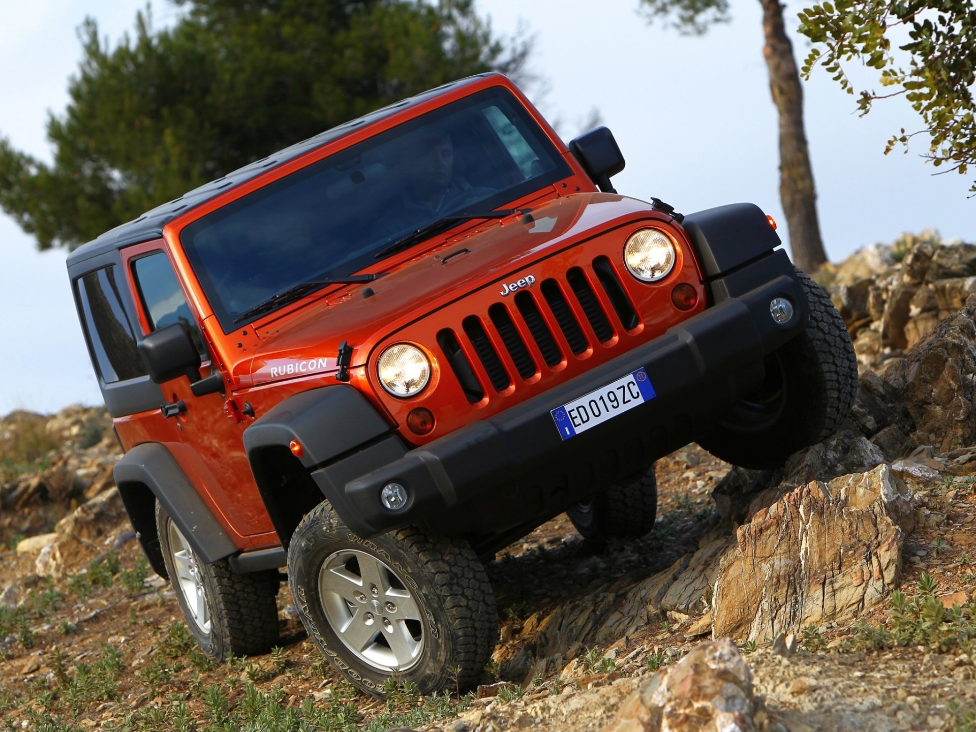 jeep wrangler rengler rubicon rot front suv weg von der straße steine steigung bäume