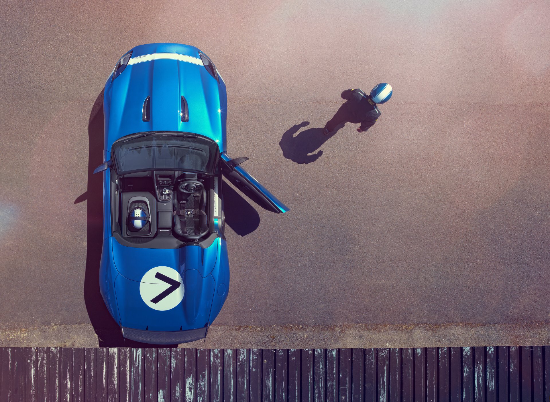 jaguar project 7 concept machine top view blue pilot driver door