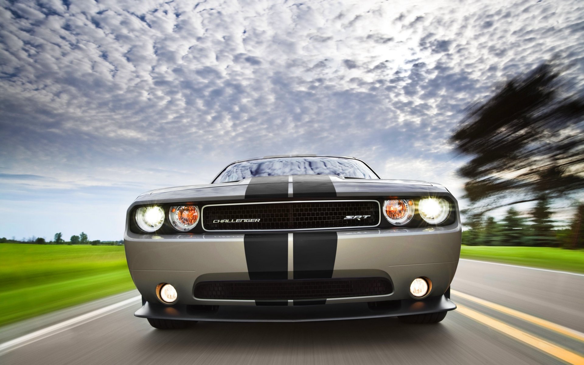 dodge challenger auto car dodge front gray stripes grille headlights sky cloud
