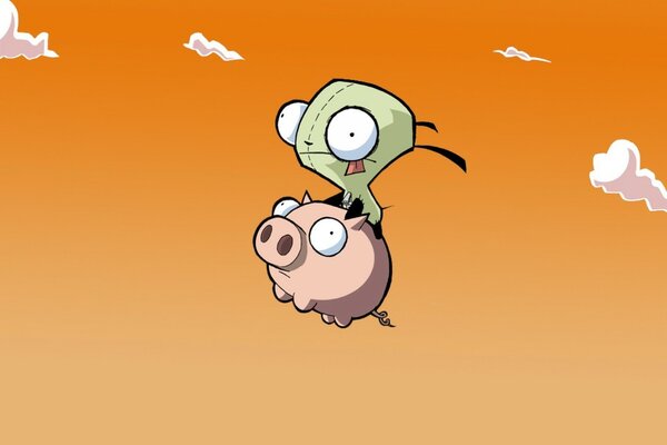 Un perro lleva a un cerdo a través de un cielo naranja