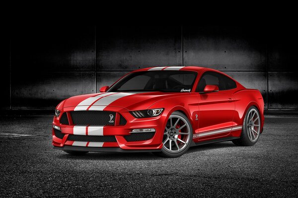 A tuned Ford Mustang in red with two white stripes along the entire body