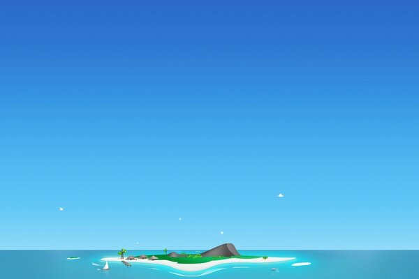 Dibujo de una isla en el océano y el cielo azul con aves