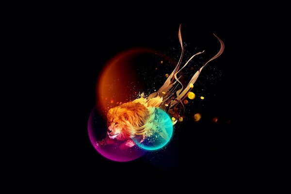 Lion avec crinière de feu dans le contour des cercles colorés sur fond noir