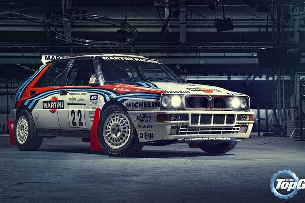 A racing car in an underground garage