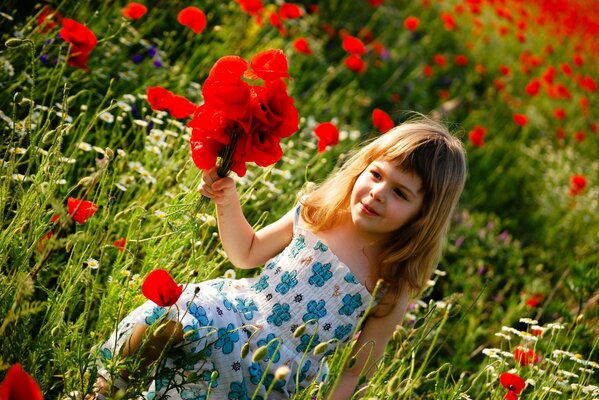 A child walks through a meadow with red poppies