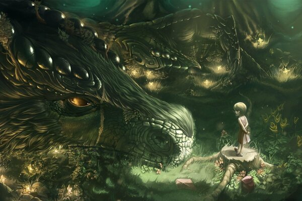 Fille avec un dragon dans la forêt fantastique