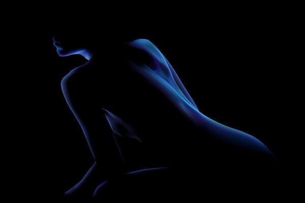 The figure of a naked girl in black darkness illuminated by neon light