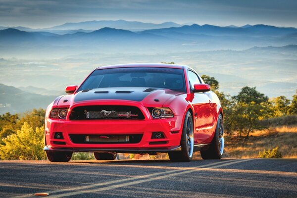 Roter Ford Mustang fährt auf der Straße