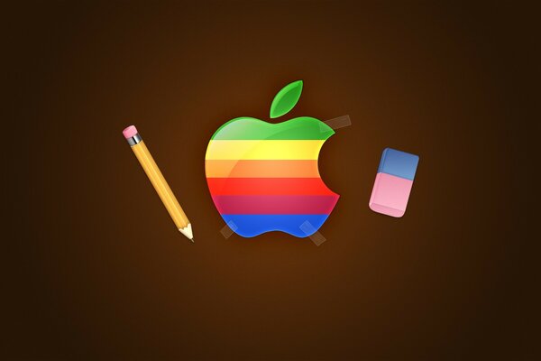 Ołówek, gumka i logo jabłka