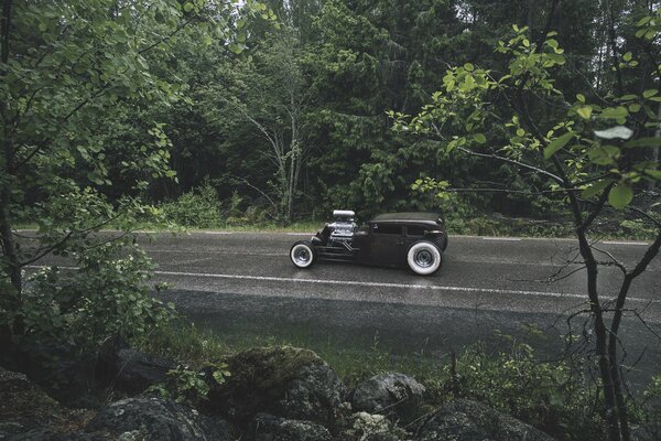 Ein schönes Auto fährt durch den Wald