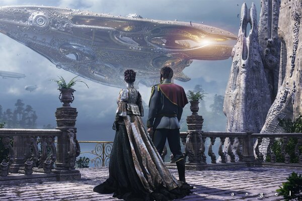 The spaceship flies up to the couple