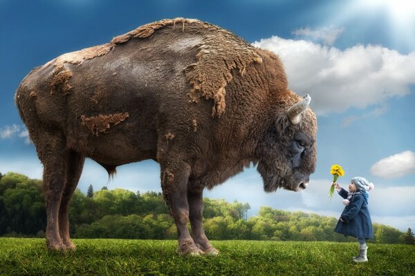 A child gives flowers to a bison