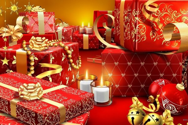 Viele Geschenkboxen in Rottönen mit goldenen Bändern