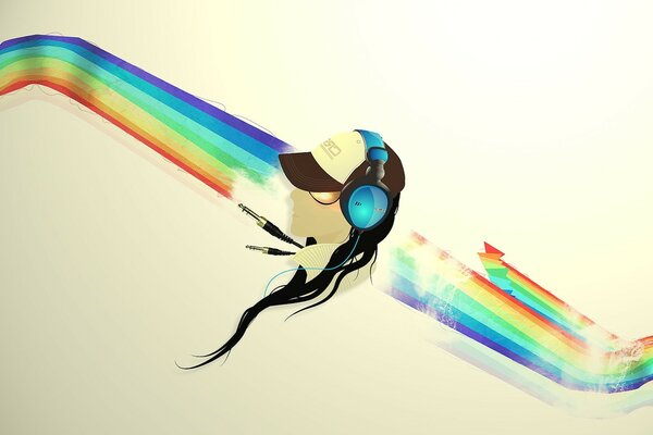 Manichino in cuffia e berretto in mezzo all arcobaleno