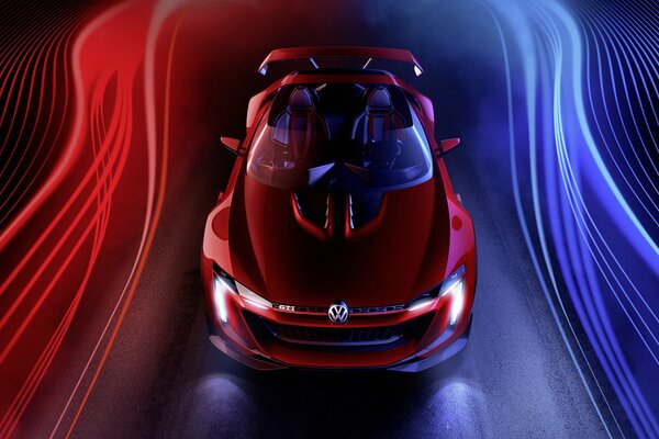 Volkswagen between red and blue lighting