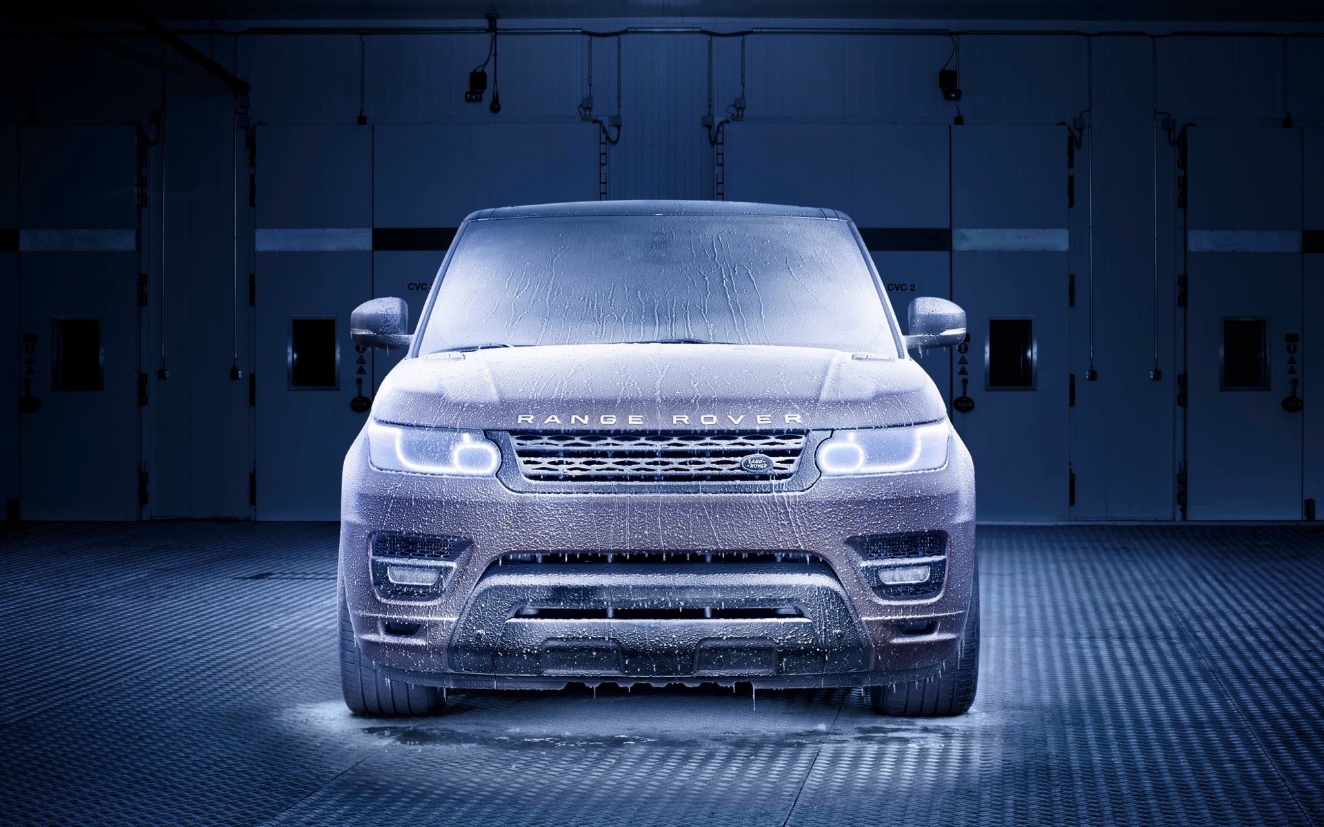 land rover range rover sport zimno mróz lód przód reflektory auto samochód niebieski