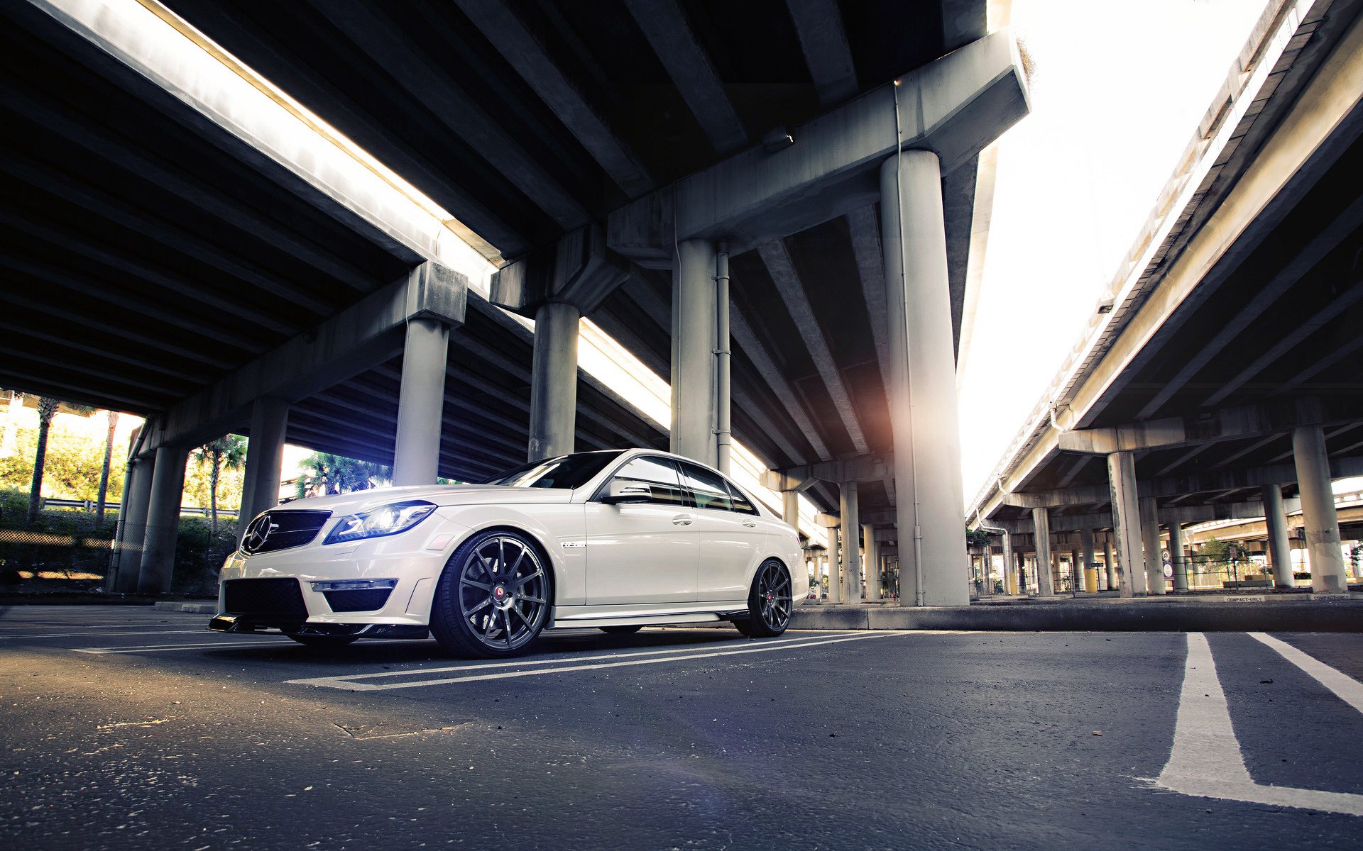 mercedes mercedes-benz sedan c63 amg tuning power white wheels street road bridge