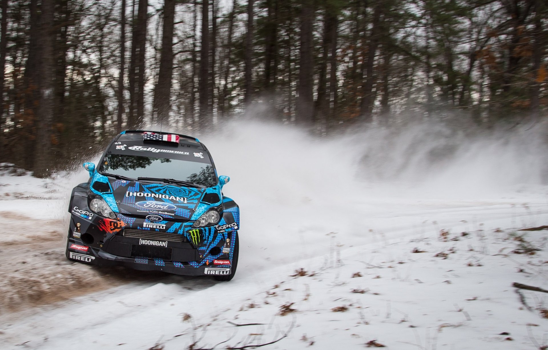 ford fiesta rally wrc winter snow rotation drift tree