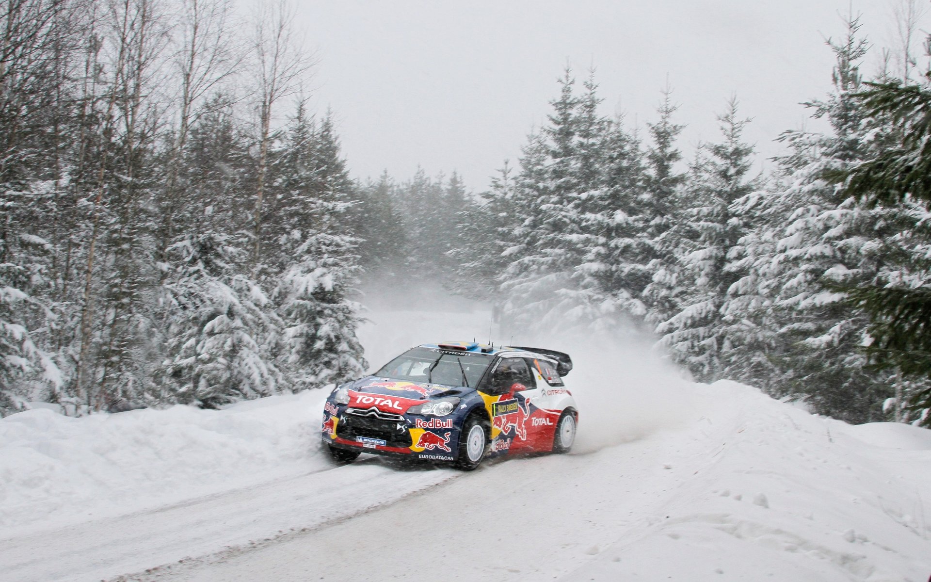 citroen ds3 rallye s. loeb hiver piste neige course flou taureau rouge arbres de noël complet