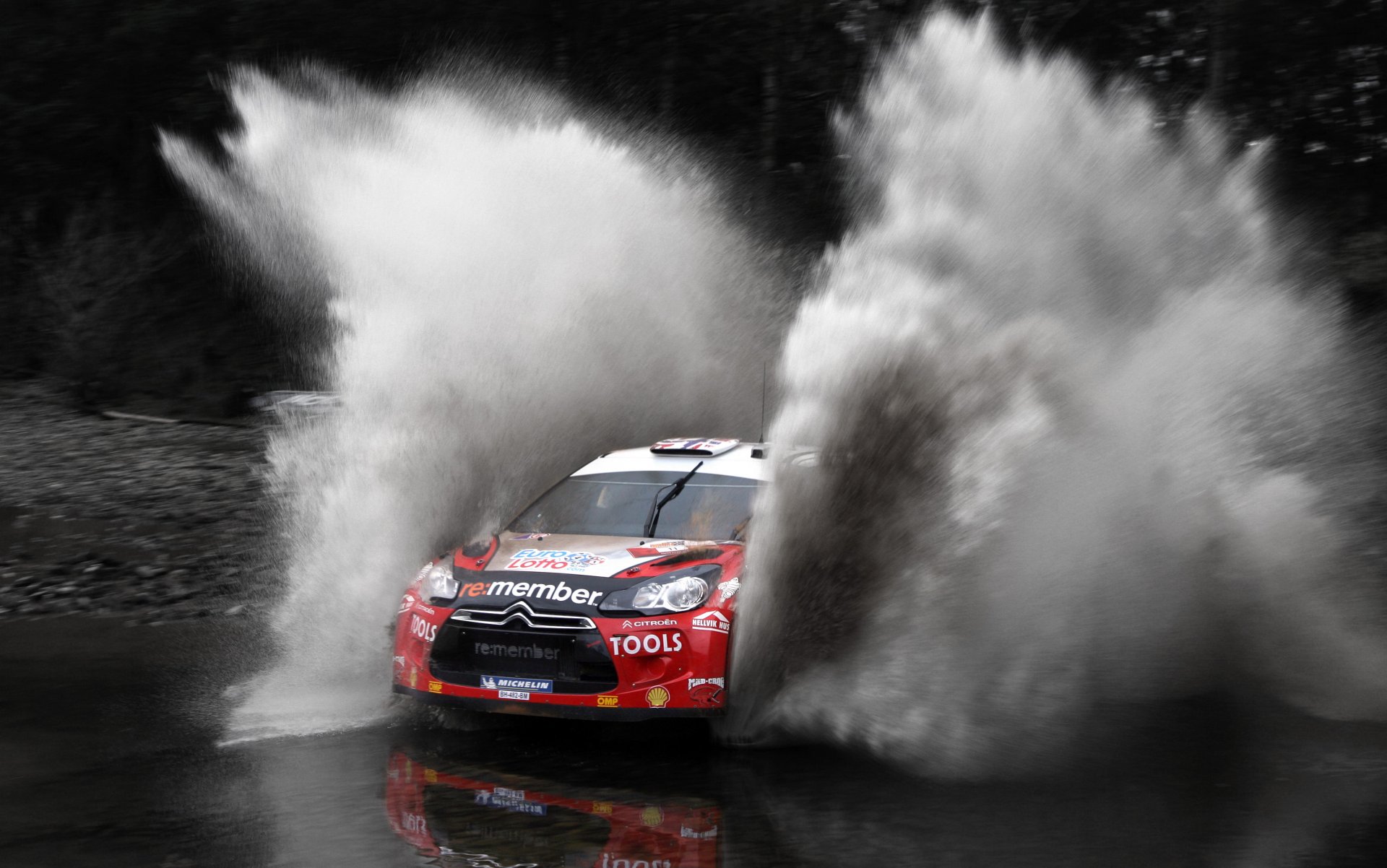 citroen ds3 rally wrc rally deporte auto coche citroen frente salpicaduras agua velocidad carrera blanco y negro rojo