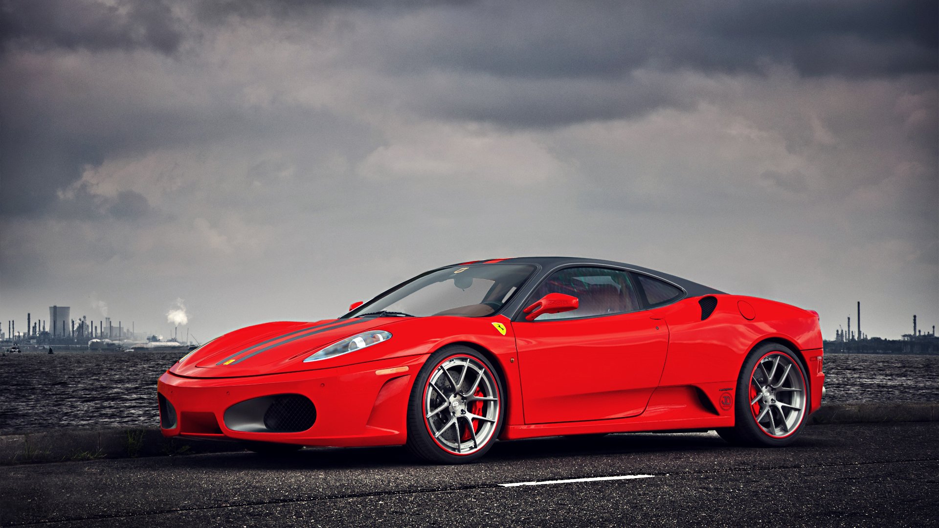 ferrari f430 supercar red landscape sky clouds water factory