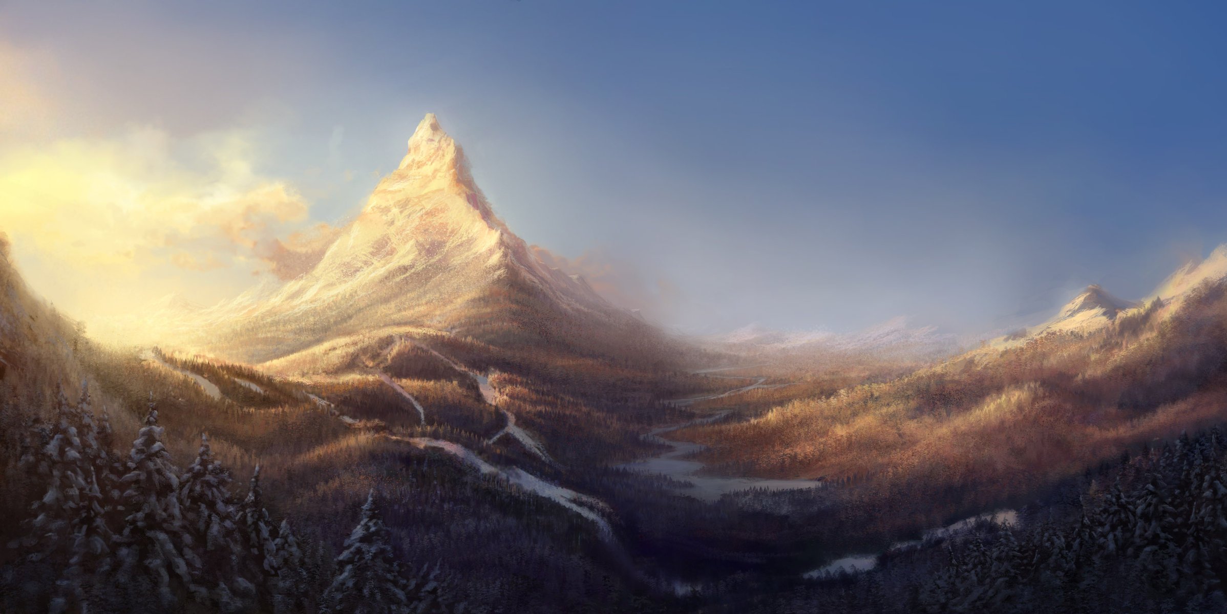 now mountains forest landscape art peak