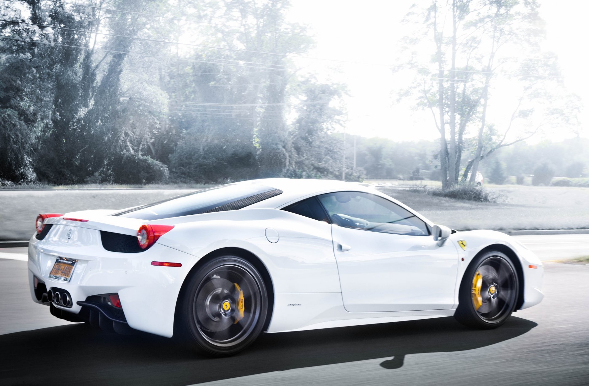 ferrari 458 italia white road ferrari italy rear view speed tree