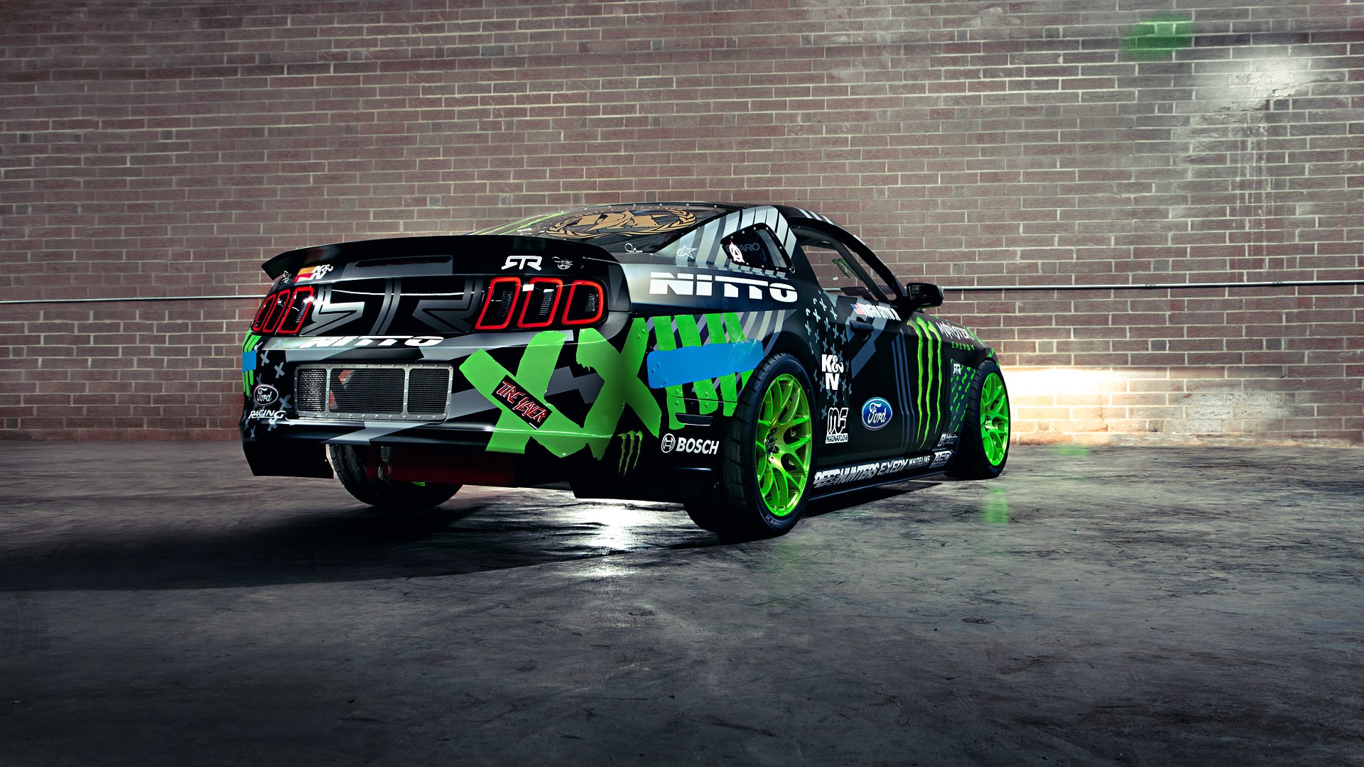 ford mustang rtr drift won jittin jr. monster energy wettbewerb sportwagen schwarz grün wand